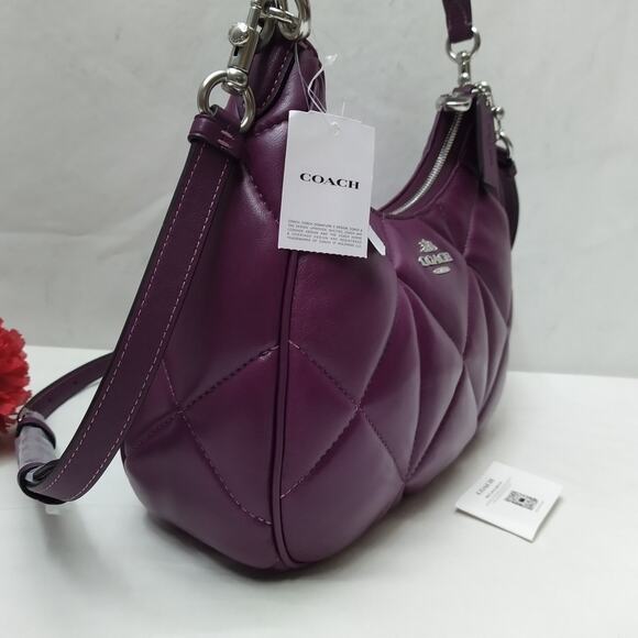 Coach Teri Hobo Diamond Deep Berry Quilted Leather Zipper Shoulder Bag -NWT $528 - Picture 5 of 16